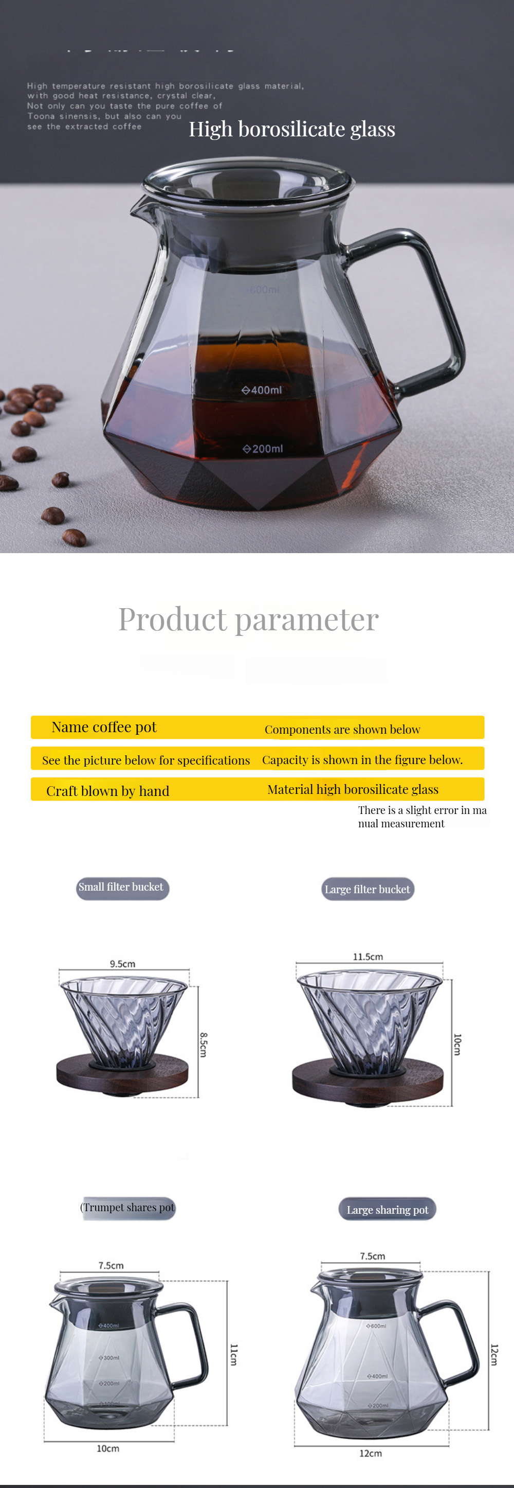PS Plastic Type Borosilicate Glass Coffee Pot for Heat-Resistant Pour over Server