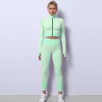 ZHIHUI Zipper Seamless Yoga Sets Sweat Wicking Zip Up Long Sleeve Crop Top