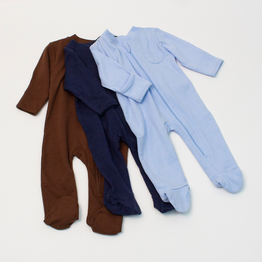 Good Quality Custom 100% Organic Cotton Baby Footie zipper Onesie Jumpsuit Low Price Baby Rompers