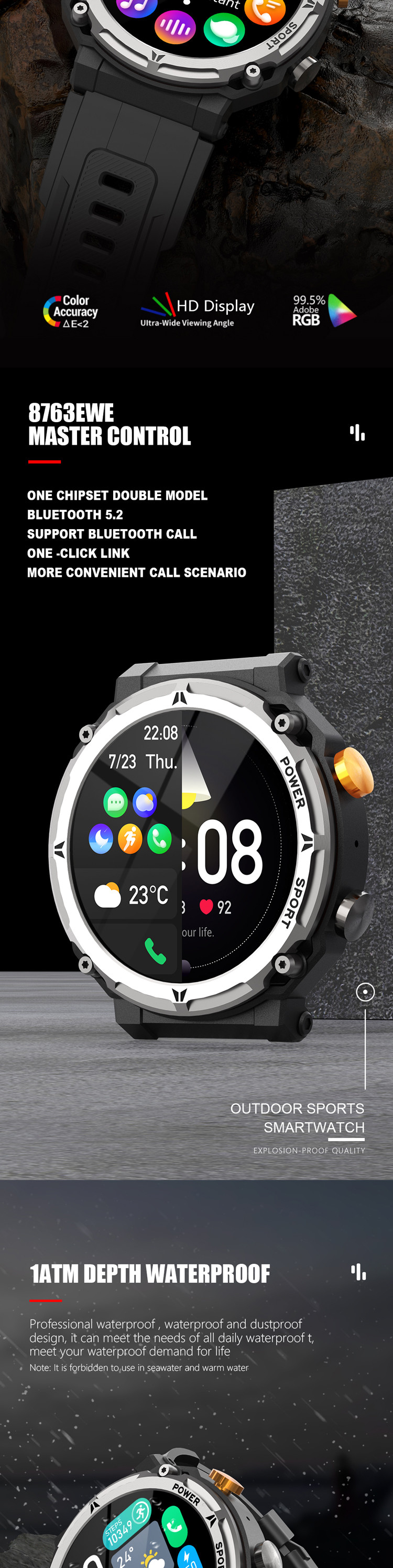 1.32" AMOLED Touchscreen, Make/Answer Calls, Heart Rate Monitor, Fitness Tracker, IP68 Waterproof
