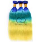 Blue/Light Blue/Yellow Straight Remy Human Hair Bundles Sew In Weave Bundles