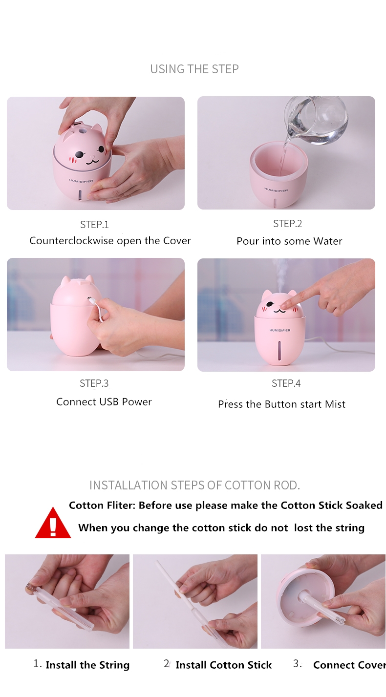 3 in 1 320ML USB Air Humidifier Ultrasonic Cool-Mist Adorable Pet Mini Humidifier With LED Light Mini USB Fan