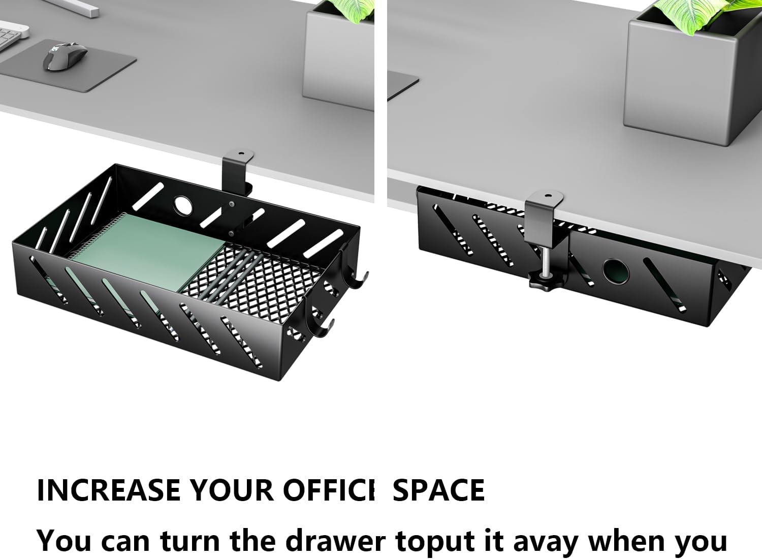 360 Degree Rotatable Under Desk Clamp-on Storage Drawer for Home Office Organization