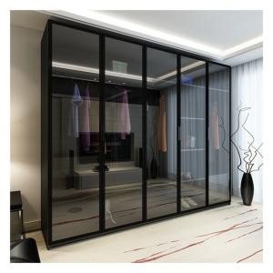 Quality Home Furniture Modern Black Aluminium Framed Glass Panels Solid Wood Wardrobe with Light Bar Decoration wholesale
