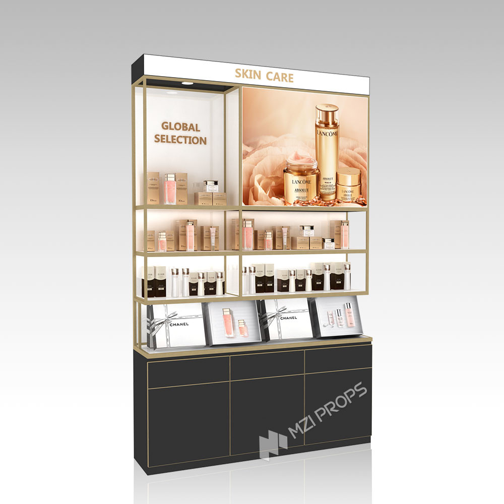 DYaS-VK-3 Skincare Display Cabinet with 40mm Acrylic Lightbox and Gold Edging