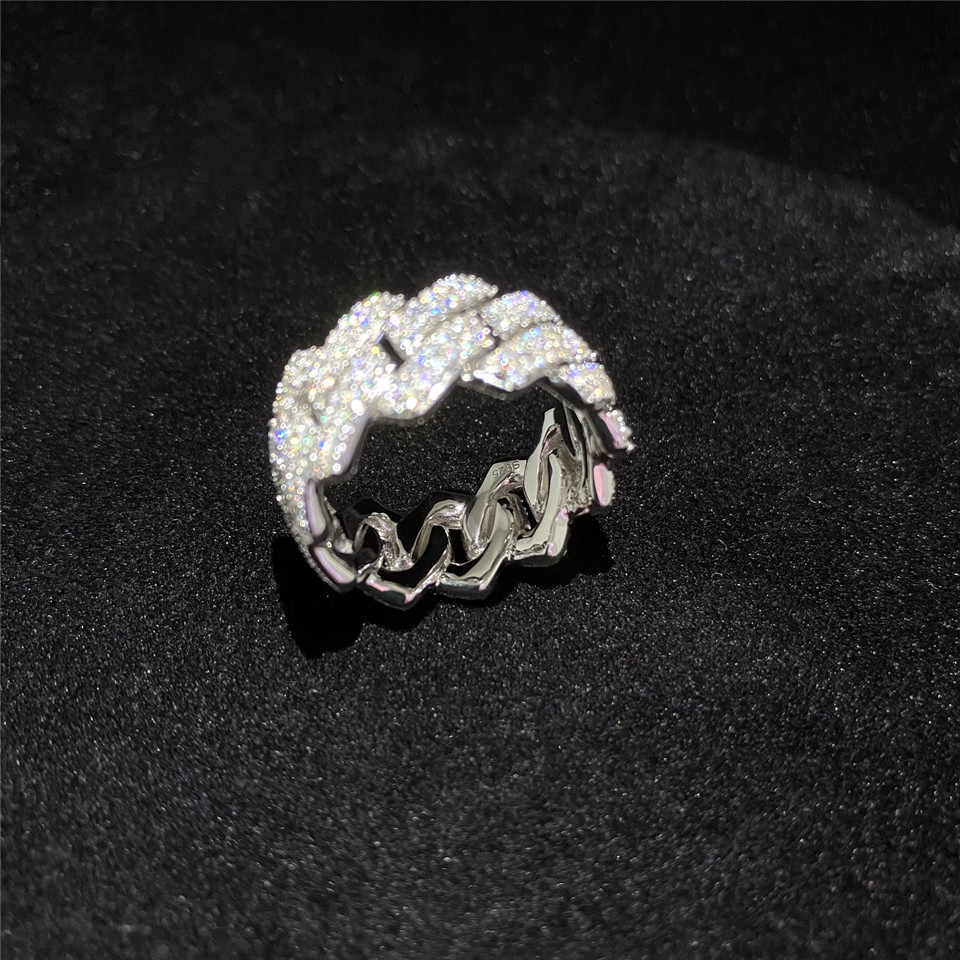Silver Moissanite Eternity Ring Cuban Link Chai Band Cut 18K Gold Claw Setting