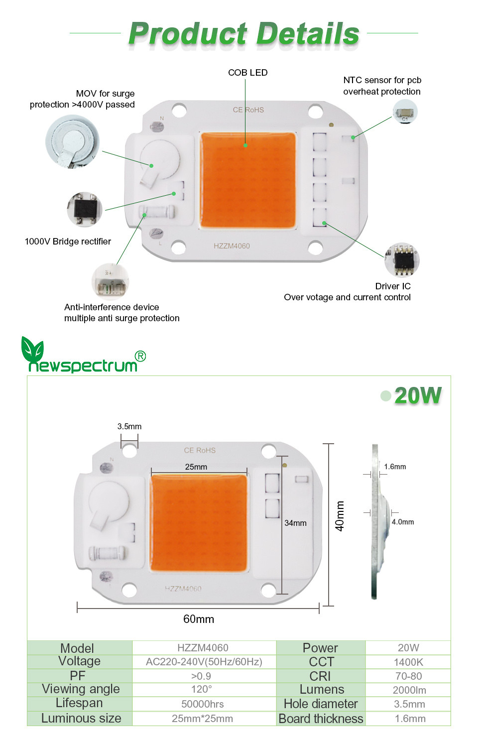 230V AC COB LED Chip High Power Garden Lighting Epistar Chip