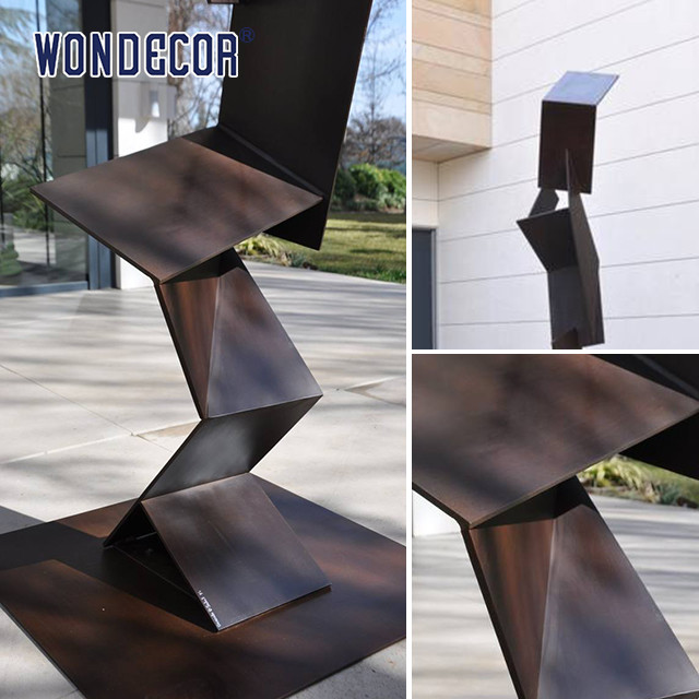 Large outdoor metal art, irregular geometry, weather resistant steel sculpture