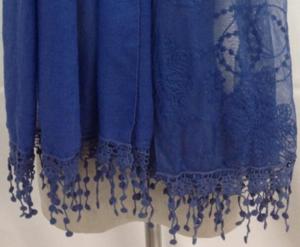 Quality Chinese factory blue embroider tassel lace thin scarf 20%Cotton 80%Polyester 70*180cm spring summer autumn keep fashion wholesale