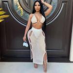 Women's Two Piece Casual Set Hanging Neck Small Vest Knitted Hollow Slim Skirt