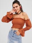 Off The Shoulder Ladies Ruffle Long Sleeve louses Shoulder Off Smocked Crop top