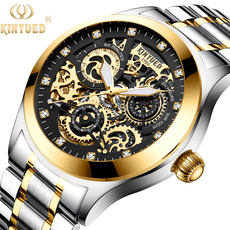 KINYUED oem waterproof custom logo leather fashion tourbillon skeleton wrist watch luxury automatic watches mens watch