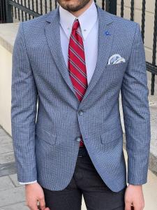 Quality Slim Fit Business Casual Suit Jacket Plaid Blue Cotton Blazer wholesale