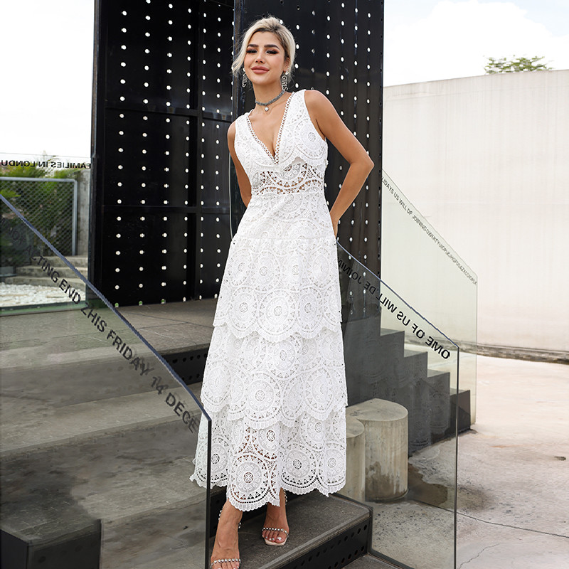 Embroidered Long Sleeve Lace Maxi Dress Plain Pattern For Wedding