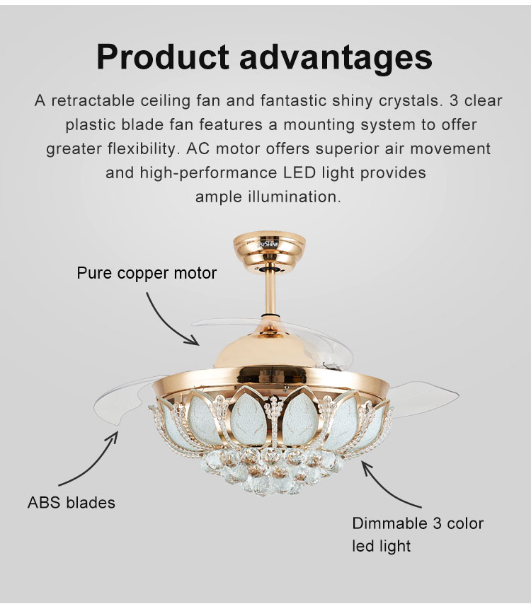 Controlling Mode WIFI Crystal LED Ceiling Fan Light with Hidden Blades and Wall Control