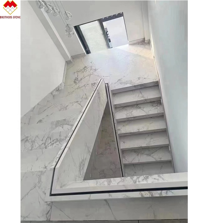 MOHS 6-7 Hardness White Marble Look Porcelain Tile Stairs with Customized Design
