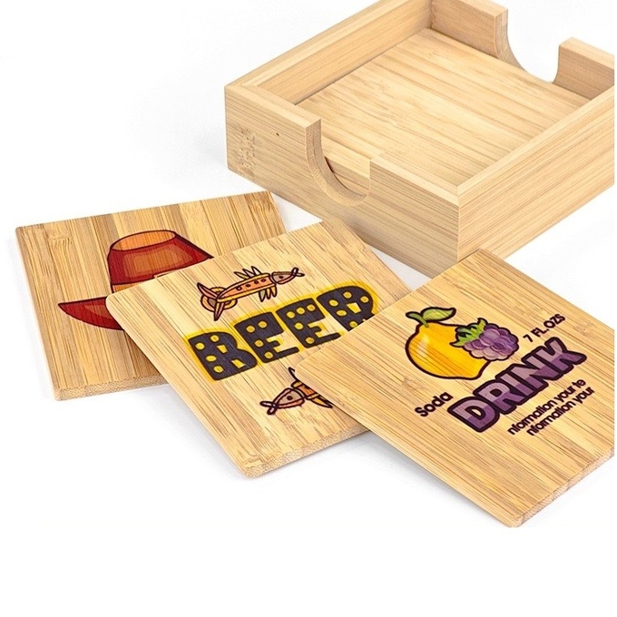 Sublimation Photo Printing Bamboo Coaster Set With Holder 10*10cm Thick 0.5cm