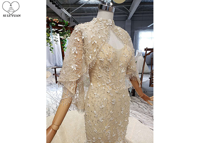 Sling Gold Tailor Made Prom Dresses Deep V Neck Lace Fishtail Beaded Shawl
