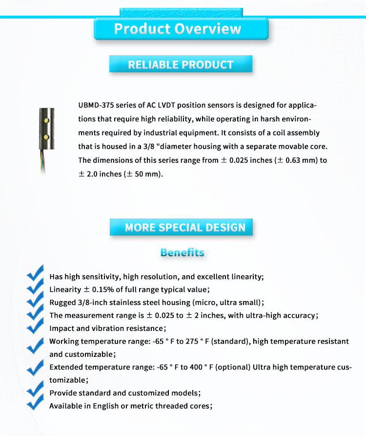 304/316L UNIVO LVDT High Precision Micro Displacement Motion Position Sensor 24VD/3Vrms