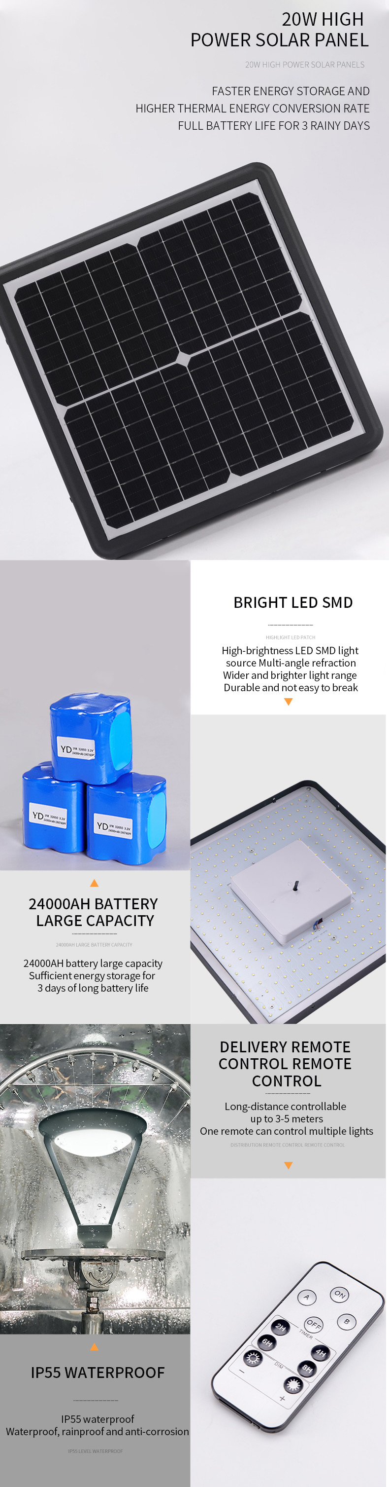 20w Die Cast Aluminum Street Lamps Holder 3.2v 24000mah