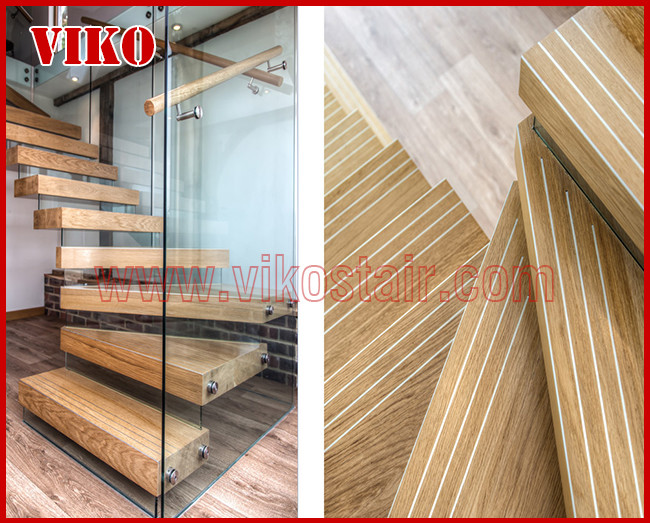 Floating Staircase VK58S Tread beech ,Railing tempered glass, Handrail beech Stringer,carbon Tempered Glass,