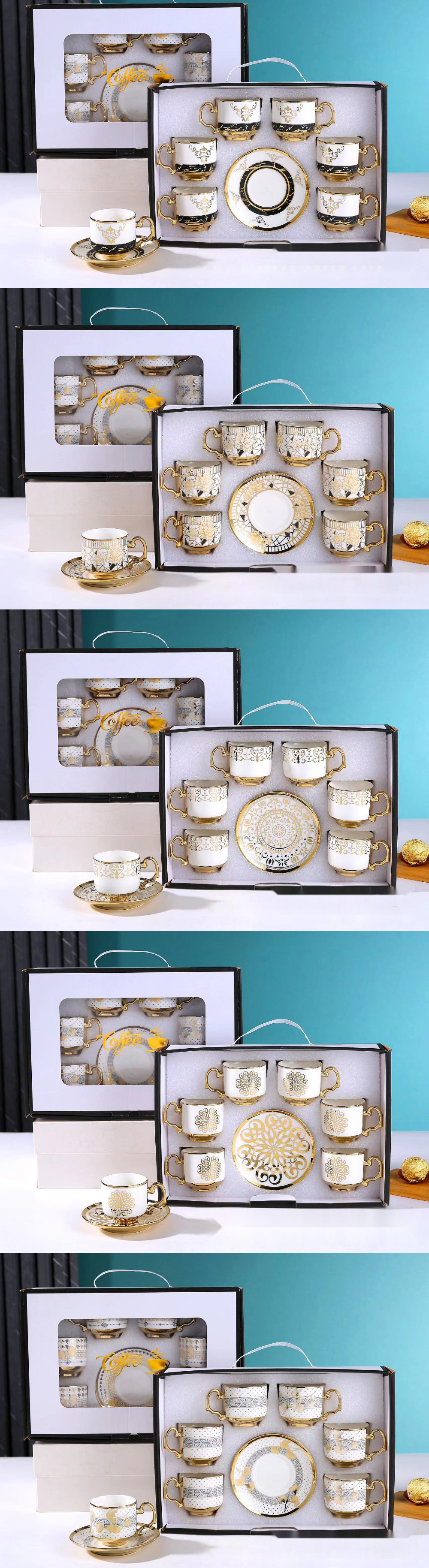 6-Piece Ceramic Tableware Set for Coffee Tea and Cappuccino in Luxury Bamboo Gift Box