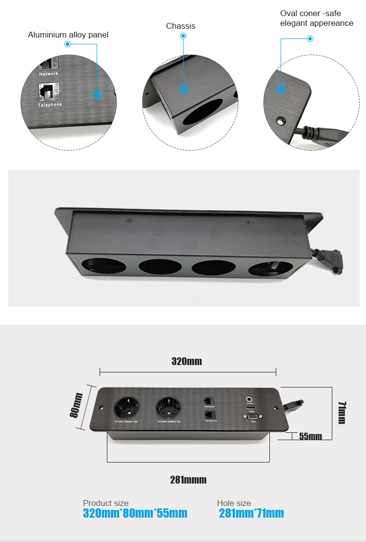 Aluminium German Table Top Plug Socket Power Outlet Recessed Panel