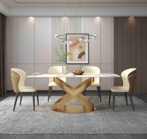 Quality White Rectangular Stone Dining Table Chair Sets Bronze Pedestals wholesale