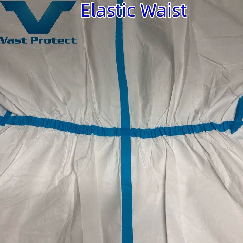 Soft Disposable White Micro Film Coverall with Blue Tape