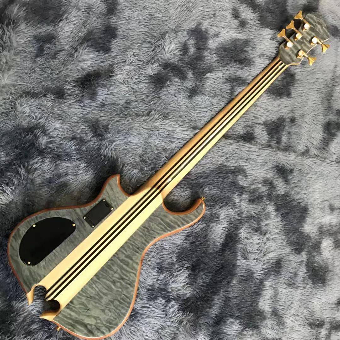 Custom Grand Neck Through Body Flamed Maple Top 5 Strings Bass Guitar Alem Cut Bottom Side LEDs