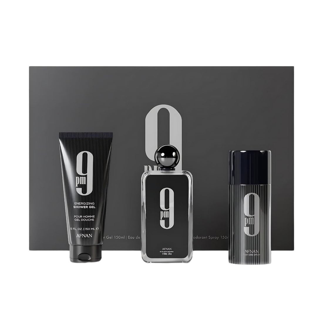 Afnan 9 Pm 3 Piece Set for Men, (3.4 Oz Eau De Parfum Spray + 5.0 Oz Shower Gel + 5.0 Oz Perfume Deodorant)