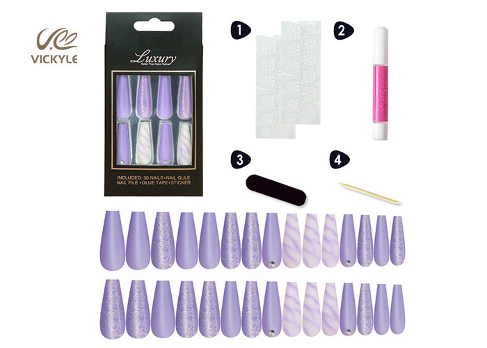 Long Coffin Ballerina OEM Purple DIY Fake Nails With Crystal Stone