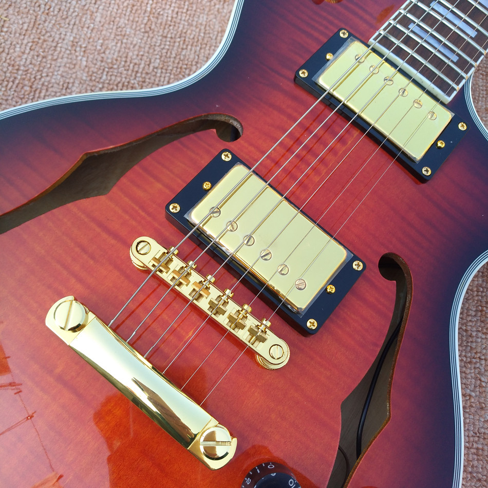 High quality custom LP Semi Hollow body Electric Guitar with F holes, Flame Maple Top & Back LP Electric guitar