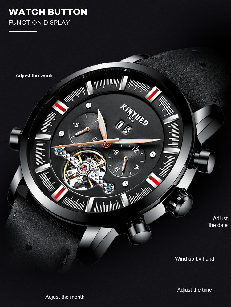 KINYUED J019-4 Private Label Black Case Black Dial Genuine Leather Auto Date Skeleton Automatic Mechanical relogio masc