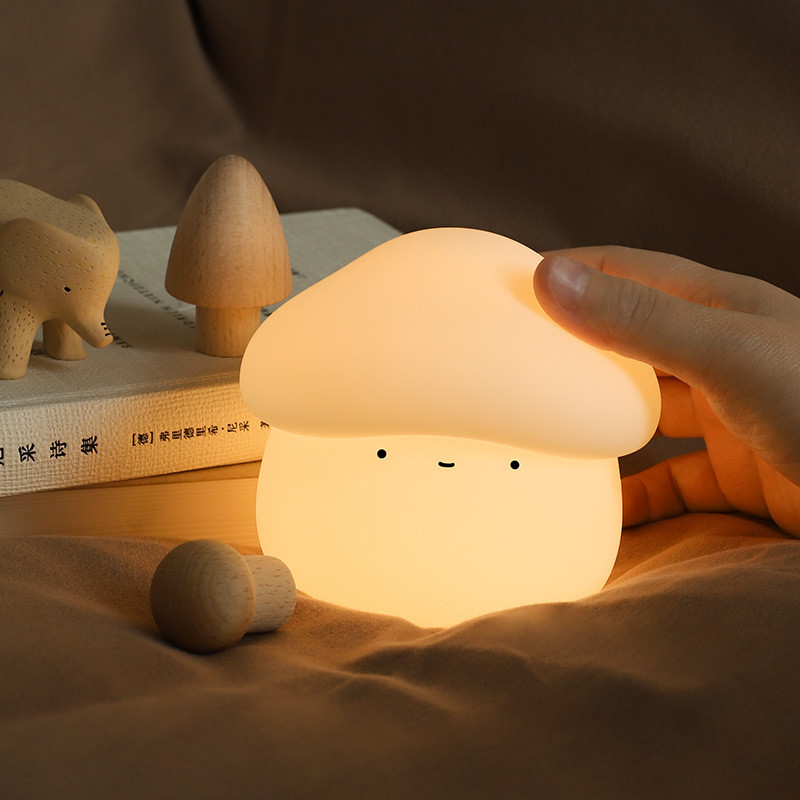 Mushroom Night Light For Kids Squishy Silicone Night Light 7 Soft ColorsTap Control Rechargeable Sleep Timer Beside Lamp