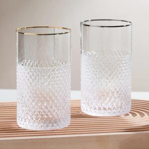Quality Diamond Cut Highball Glass Drinking Cups Gold Silver Rimmed 18 Ounce Mouth Blown wholesale