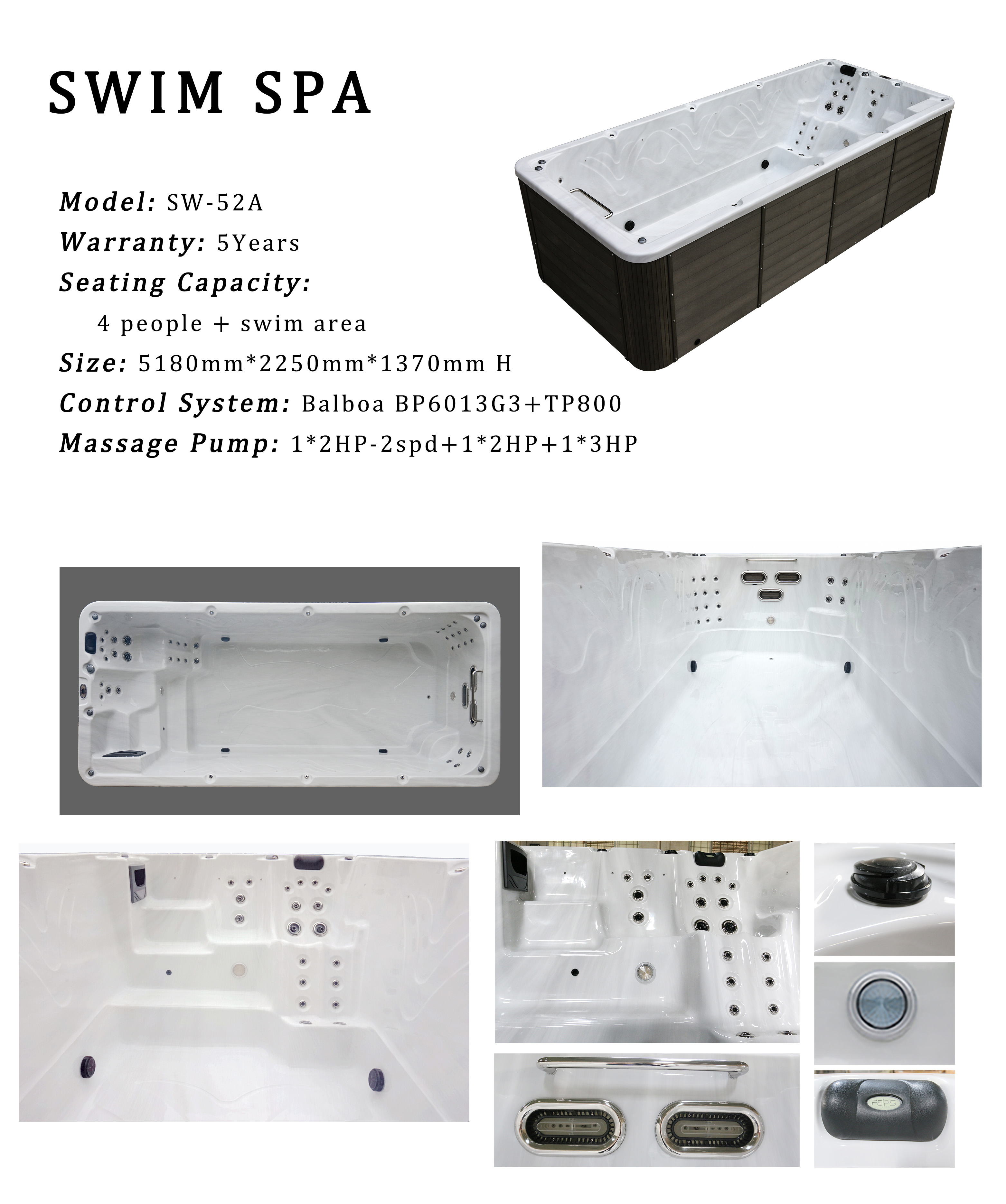 Outdoor 5m Soaking Endless Swimming Pool Hot Tub With 4 Seats