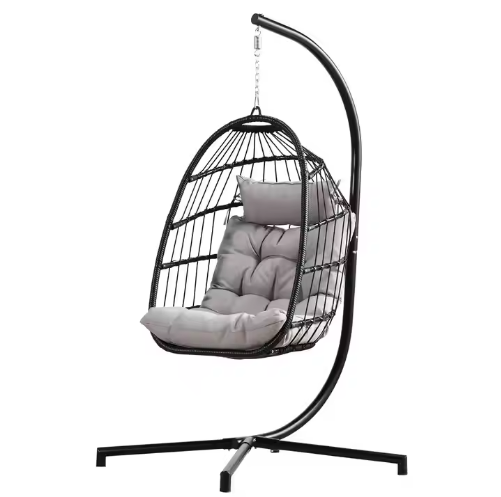 Outdoor Foldable Rattan Hanging Round Swing Egg Chair with Stand and 200KGS Capacity