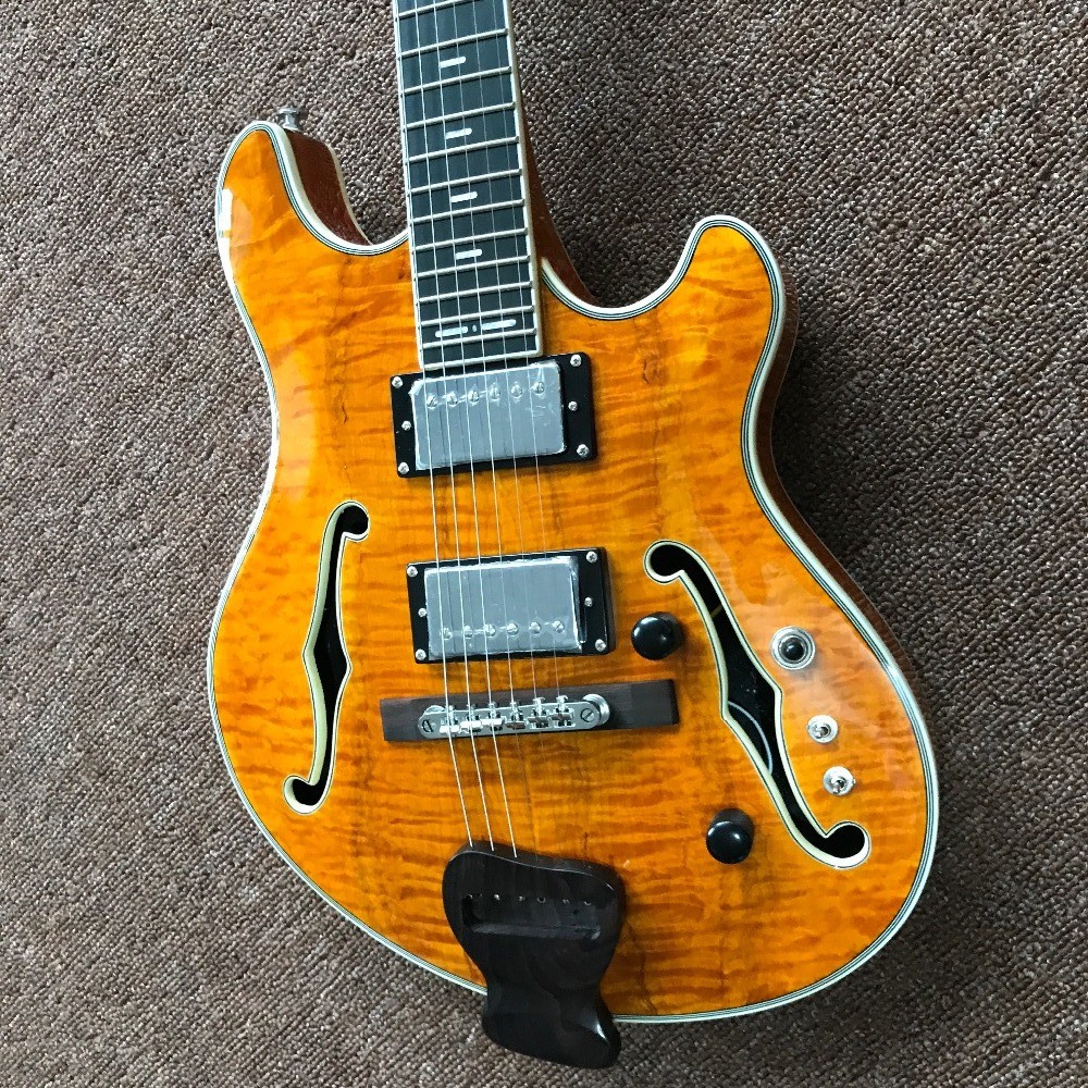 F Hole Hollow Body Electric Guitar with Ebony Fingerboard Chrome Hardware free shipping