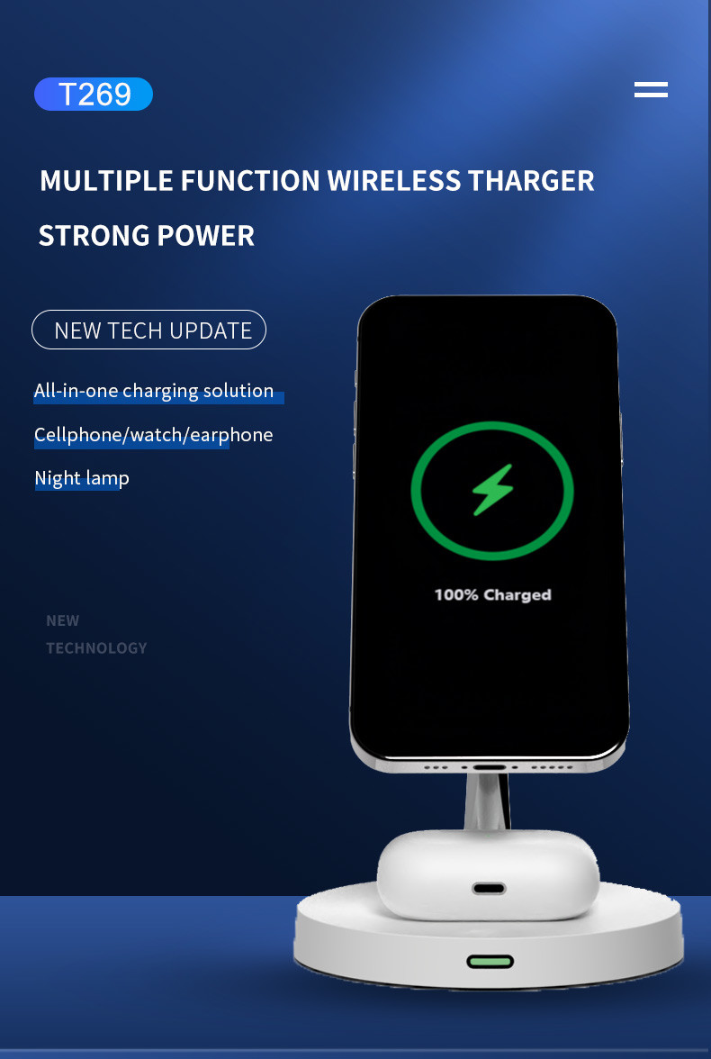 Zinc Alloy 3 In 1 Magnetic Wireless Charger Stand 15W Phone 3W Earphone Charging