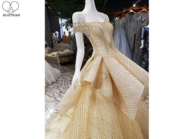 Special Gold Sequin Prom Dress Off Shoulder Short Sleeve Back Bandage Puffy Tail