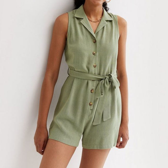 Custom Summer Women Fashion Blank Sleeveless Button up Belted Playsuit Casual Linen Short Jumpsuit