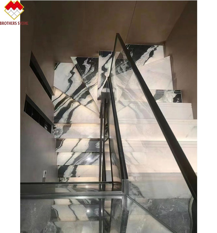 Translucent Chinese Ink Painting Marble Staircase Tiles in Panda White for Lavabo