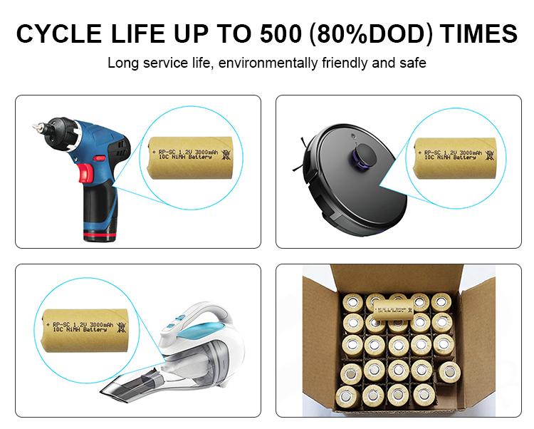 500 Cycle Nimh Sc Battery 3000mah 1.2v Rechargeable Battery Pack