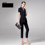 Dark Navy Slim Fit Blazer for Ladies Office Short Sleeve Women's Suits Collar V
