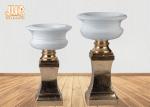 Glossy White Fiberglass Flower Pot With Gold Leaf Pedestal Floor Vases