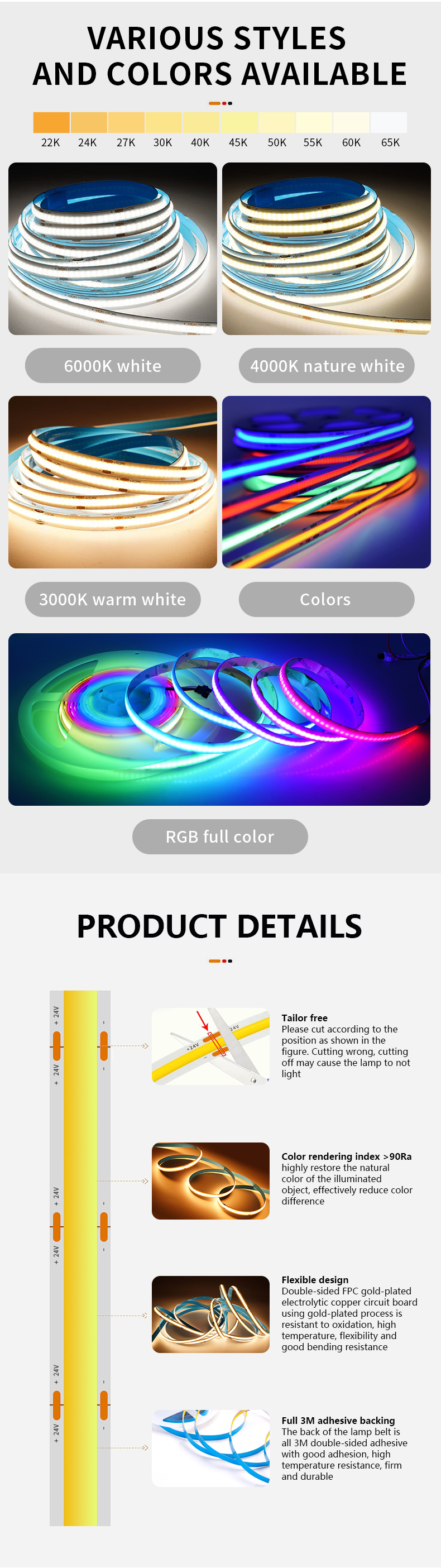 Commercial Dream Color Smart Addressable RGB COB LED Strips with Dimmable Design