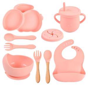 Quality 9pcs Rabbit Baby Silicone Feeding Set Pink Silicone Bib And Bowl Set wholesale