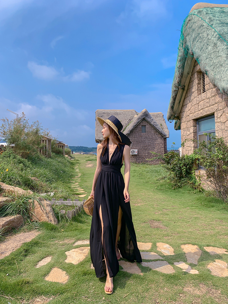 Backless Tie 136cm Black Chiffon Beach Dress V Neck Halter Strap Split