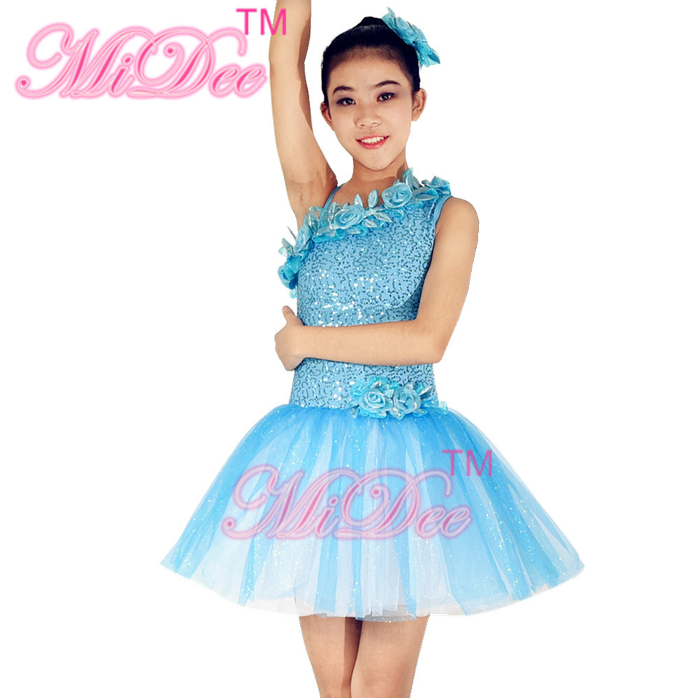 Diagonal Neckline Glitter Floral Tutu Dress Blue Little Girls Dance Clothes